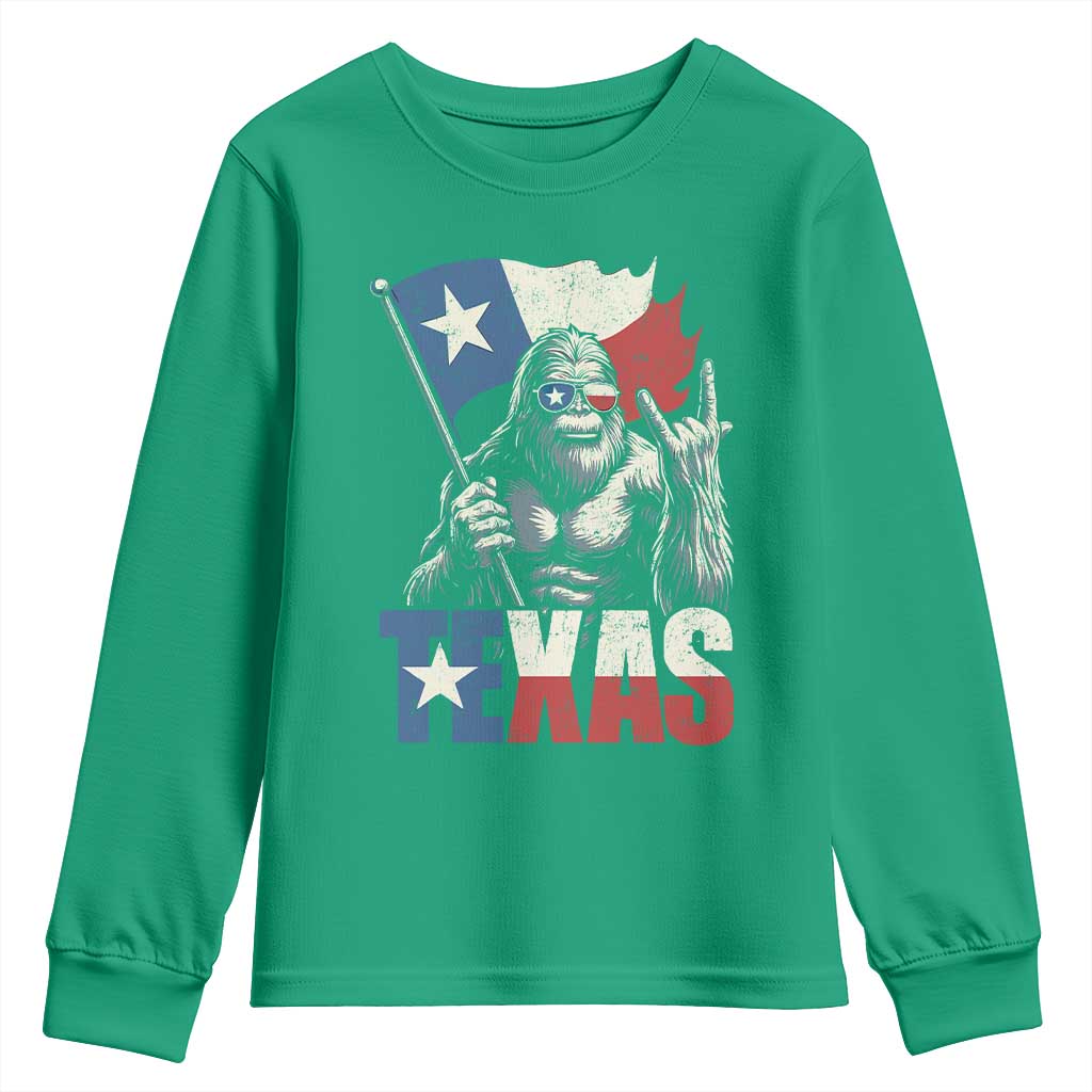Bigfoot Texas Youth Sweatshirt Sasquatch Loves Rock On Hand Texan Texas Flag - Wonder Print Shop