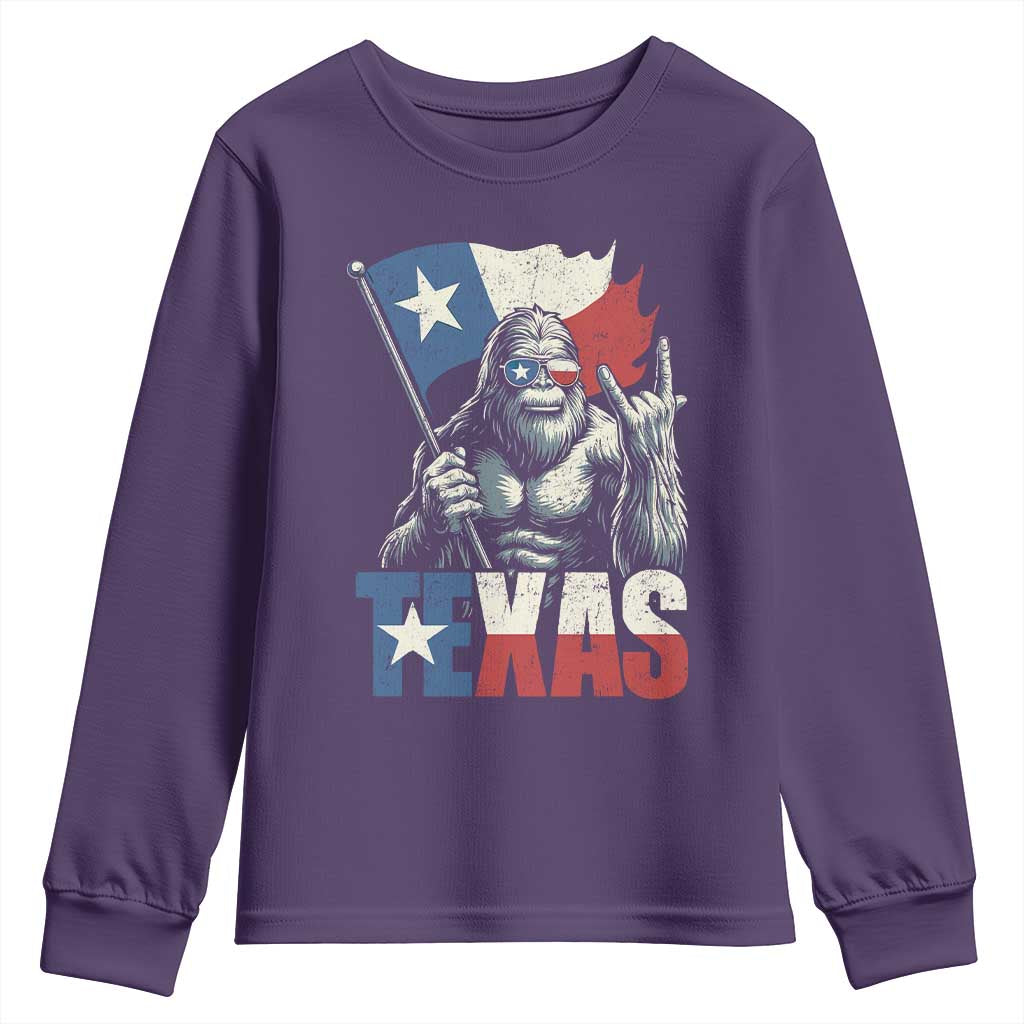 Bigfoot Texas Youth Sweatshirt Sasquatch Loves Rock On Hand Texan Texas Flag - Wonder Print Shop