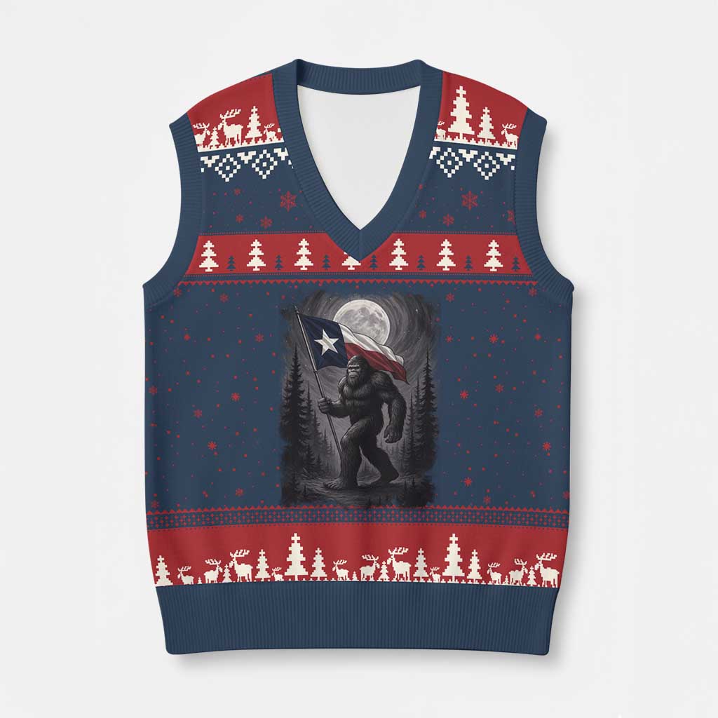 Bigfoot Texas V-Neck Knit Sweater Vest Forest Sasquatch Loves Rock On Hand Texas Flag - Wonder Print Shop