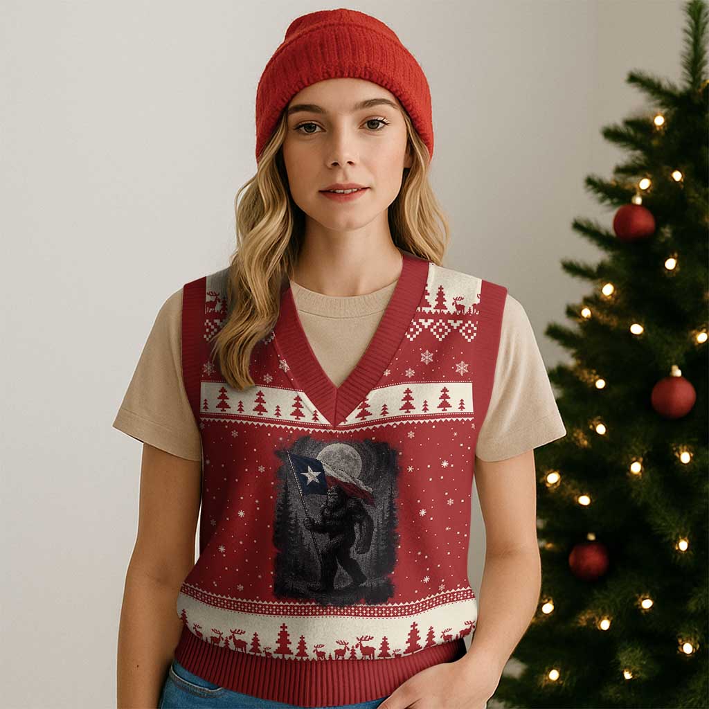 Bigfoot Texas V-Neck Knit Sweater Vest Forest Sasquatch Loves Rock On Hand Texas Flag - Wonder Print Shop