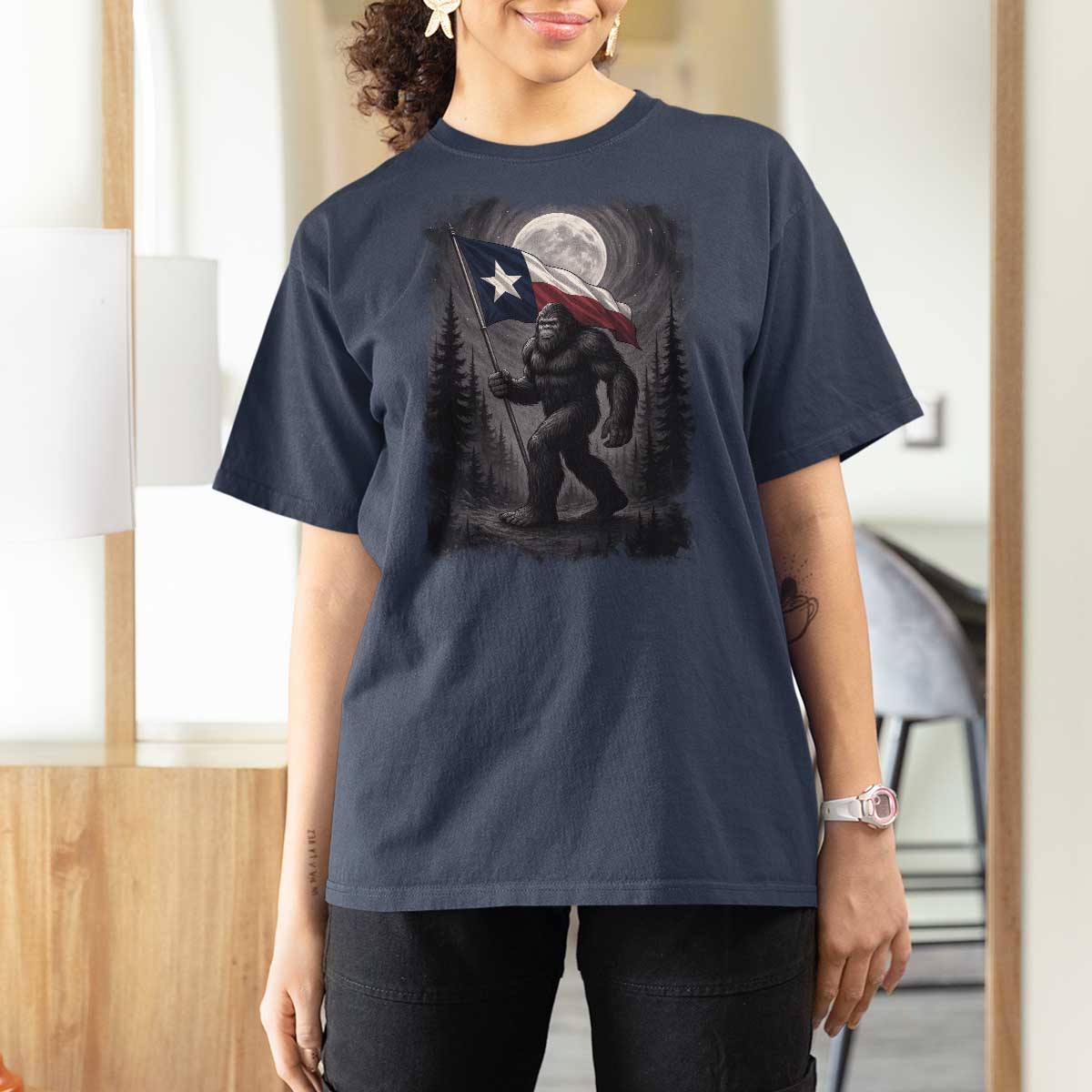 Bigfoot Texas T Shirt For Women Forest Sasquatch Loves Rock On Hand Texas Flag - Wonder Print Shop