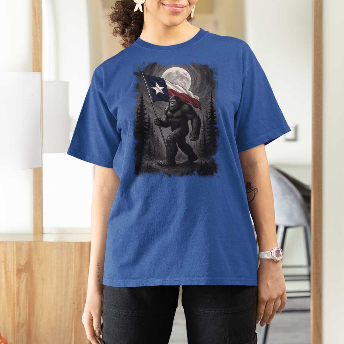 Bigfoot Texas T Shirt For Women Forest Sasquatch Loves Rock On Hand Texas Flag - Wonder Print Shop