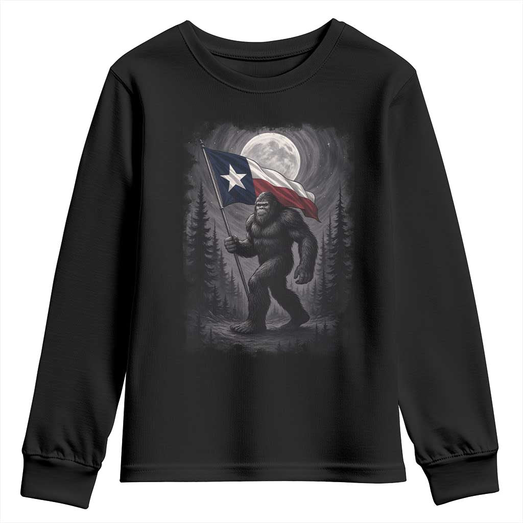Bigfoot Texas Youth Sweatshirt Forest Sasquatch Loves Rock On Hand Texas Flag - Wonder Print Shop