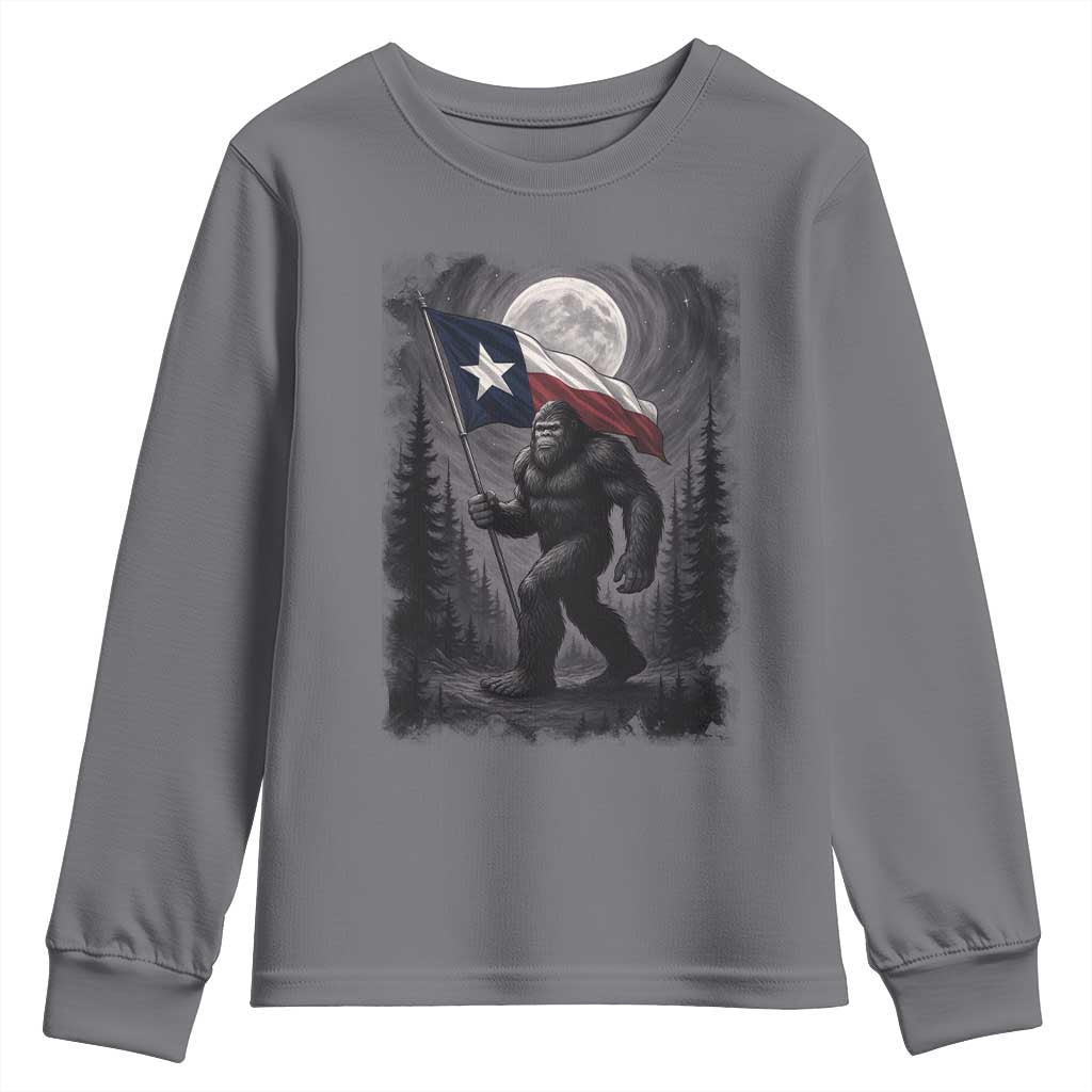 Bigfoot Texas Youth Sweatshirt Forest Sasquatch Loves Rock On Hand Texas Flag - Wonder Print Shop