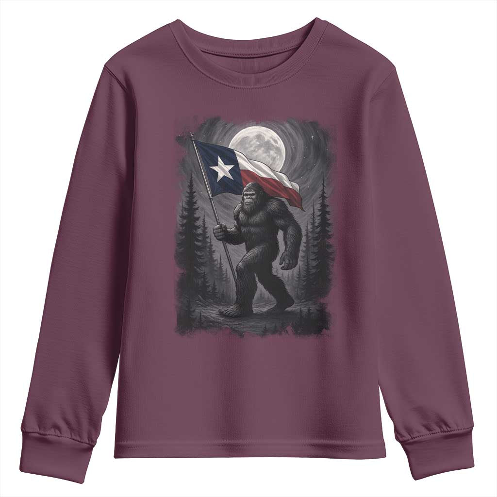 Bigfoot Texas Youth Sweatshirt Forest Sasquatch Loves Rock On Hand Texas Flag - Wonder Print Shop