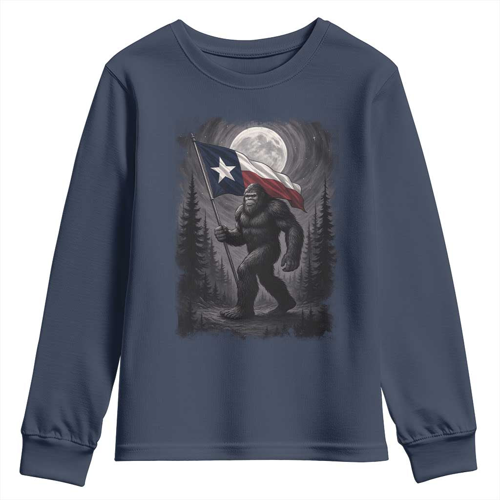Bigfoot Texas Youth Sweatshirt Forest Sasquatch Loves Rock On Hand Texas Flag - Wonder Print Shop