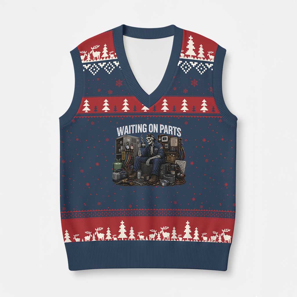 Waiting On Parts HVAC Tech Skeleton Funny Mechanic Graphic V-Neck Knit Sweater Vest