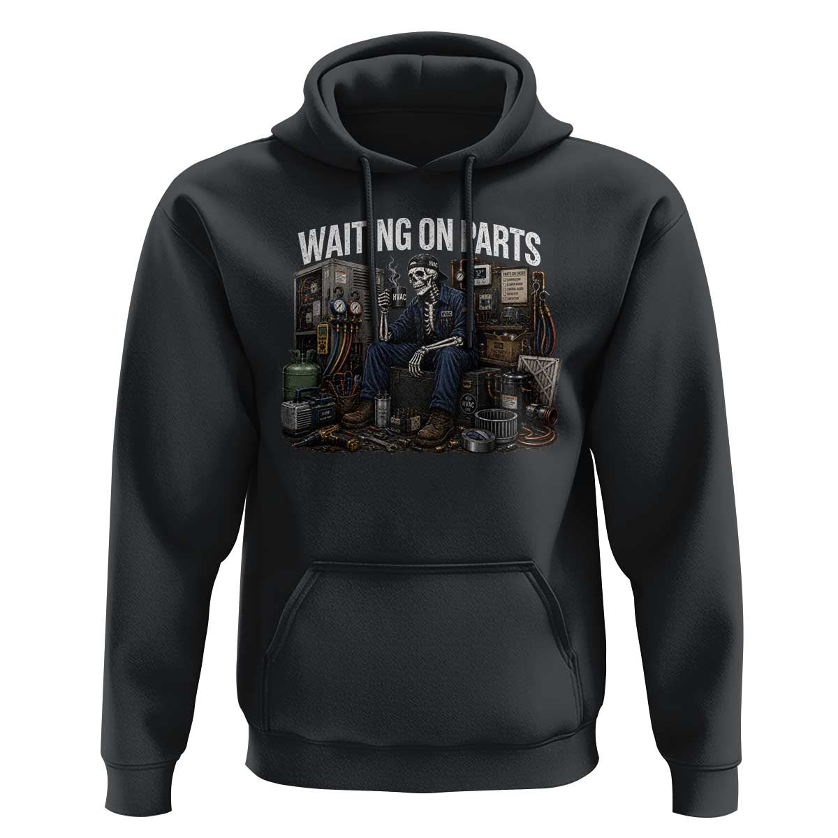 Waiting On Parts HVAC Tech Skeleton Funny Mechanic Graphic Hoodie
