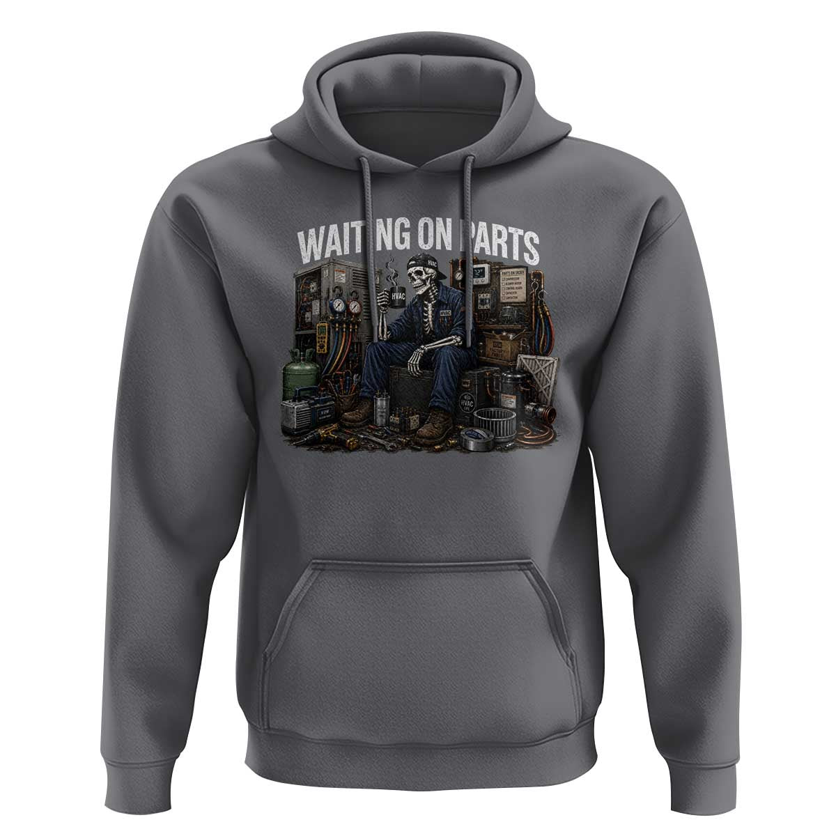 Waiting On Parts HVAC Tech Skeleton Funny Mechanic Graphic Hoodie