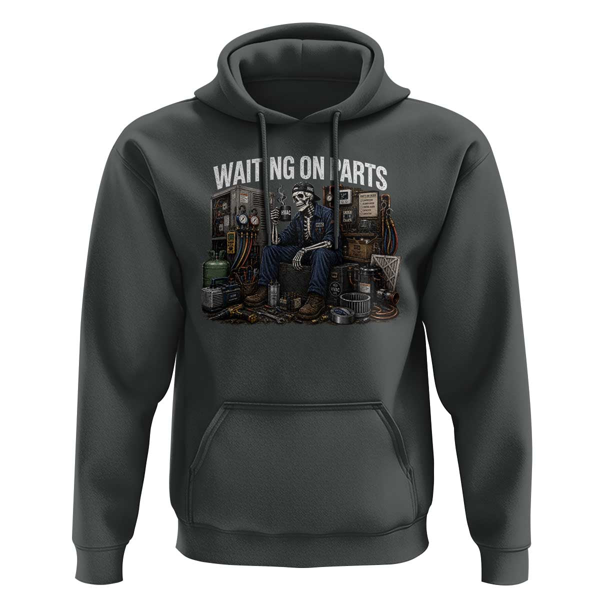 Waiting On Parts HVAC Tech Skeleton Funny Mechanic Graphic Hoodie