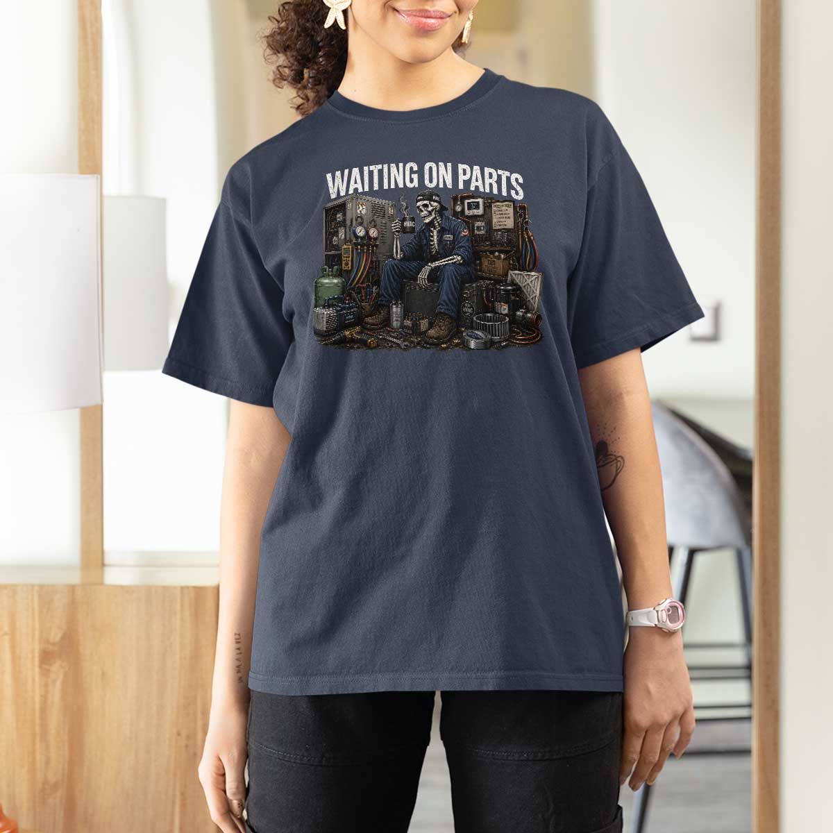 Waiting On Parts HVAC Tech Skeleton Funny Mechanic Graphic T Shirt For Women