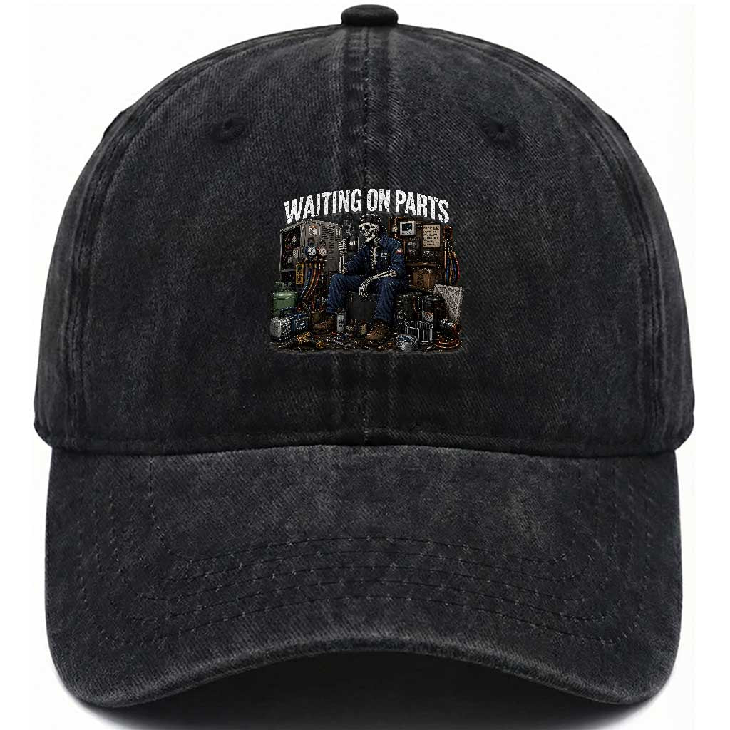 Waiting On Parts HVAC Tech Skeleton Funny Mechanic Graphic Washed Cotton Baseball Cap