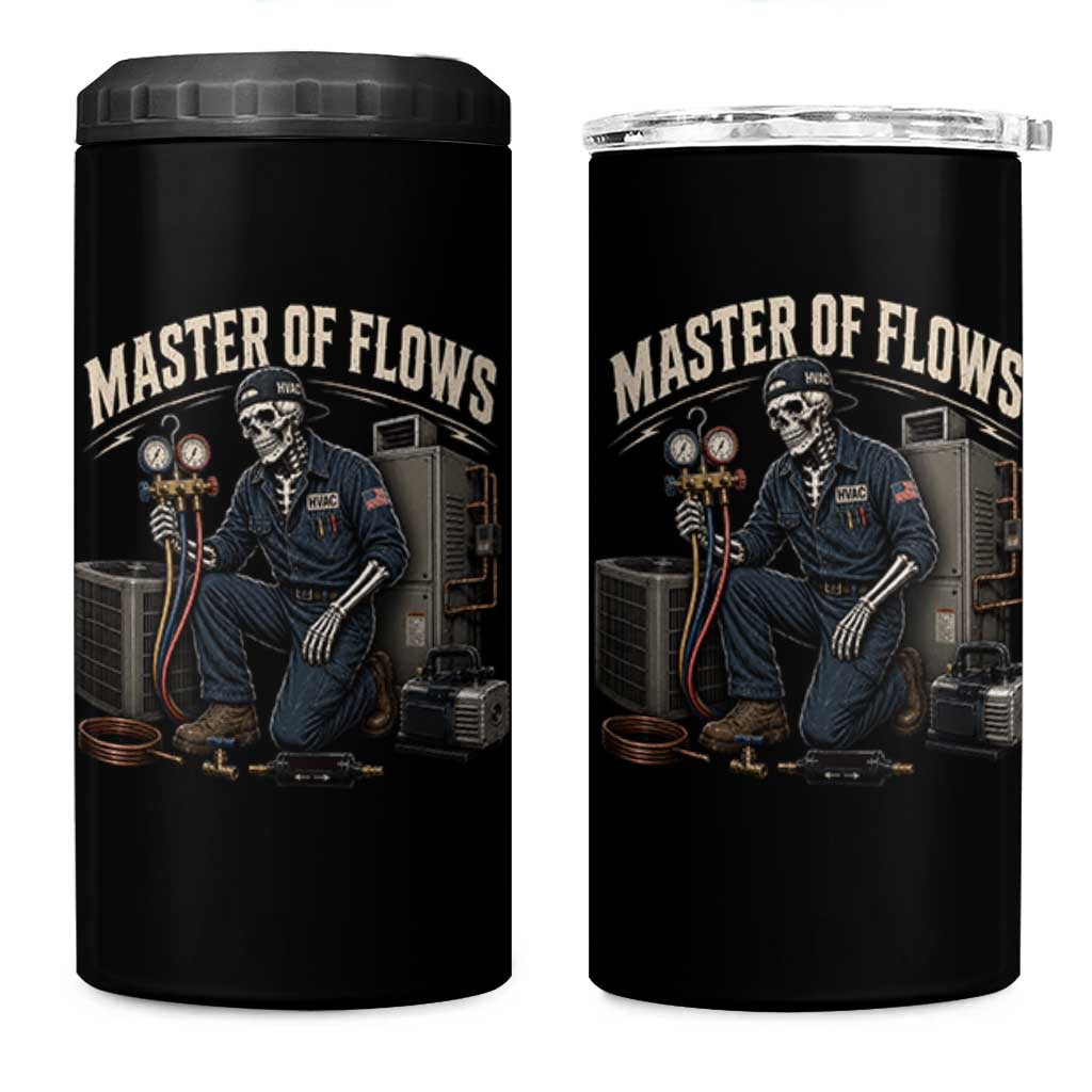 HVAC Tech Skeleton Mechanic 4 in 1 Can Cooler Tumbler Master Of Flows Vintage Distressed Graphic