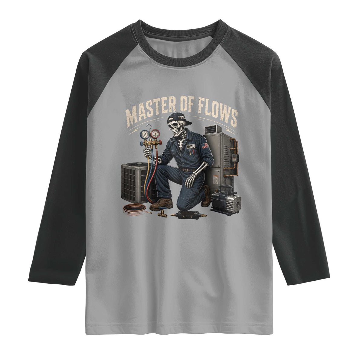 HVAC Tech Skeleton Mechanic Raglan Shirt Master Of Flows Vintage Distressed Graphic