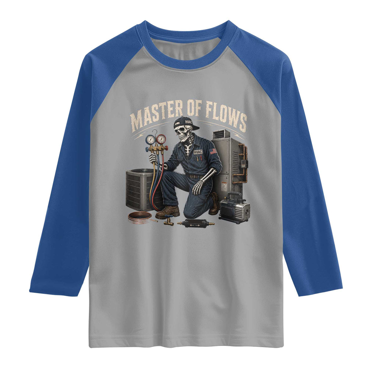 HVAC Tech Skeleton Mechanic Raglan Shirt Master Of Flows Vintage Distressed Graphic