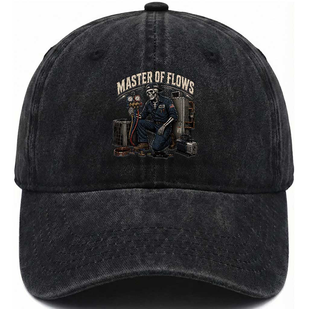 HVAC Tech Skeleton Mechanic Washed Cotton Baseball Cap Master Of Flows Vintage Distressed Graphic
