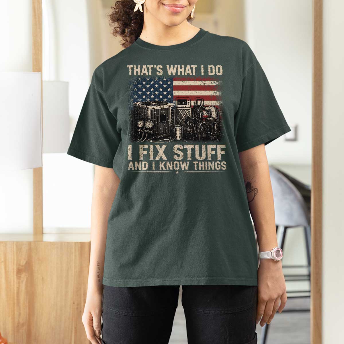 HVAC Technician American Flag T Shirt For Women I Fix Stuff And I Know Things American Flag