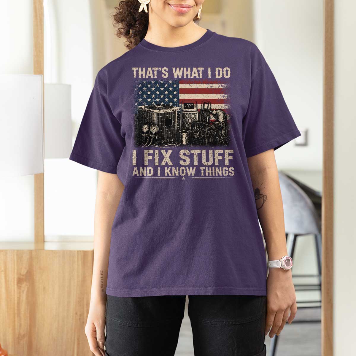 HVAC Technician American Flag T Shirt For Women I Fix Stuff And I Know Things American Flag