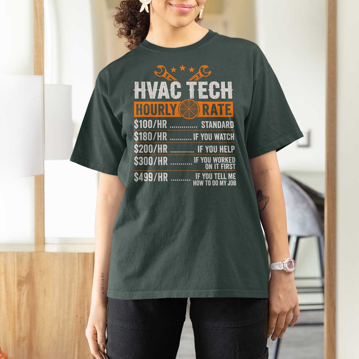 HVAC Tech Hourly Rate T Shirt For Women Funny Labor Pricing List Technician Quote Graphic