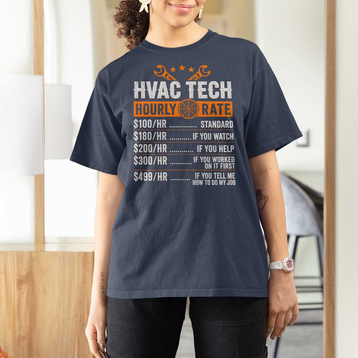 HVAC Tech Hourly Rate T Shirt For Women Funny Labor Pricing List Technician Quote Graphic