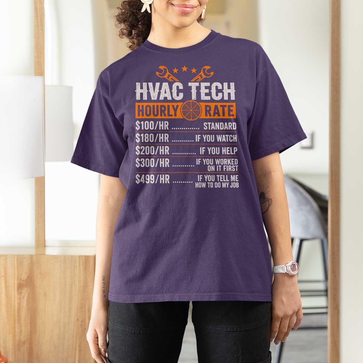 HVAC Tech Hourly Rate T Shirt For Women Funny Labor Pricing List Technician Quote Graphic