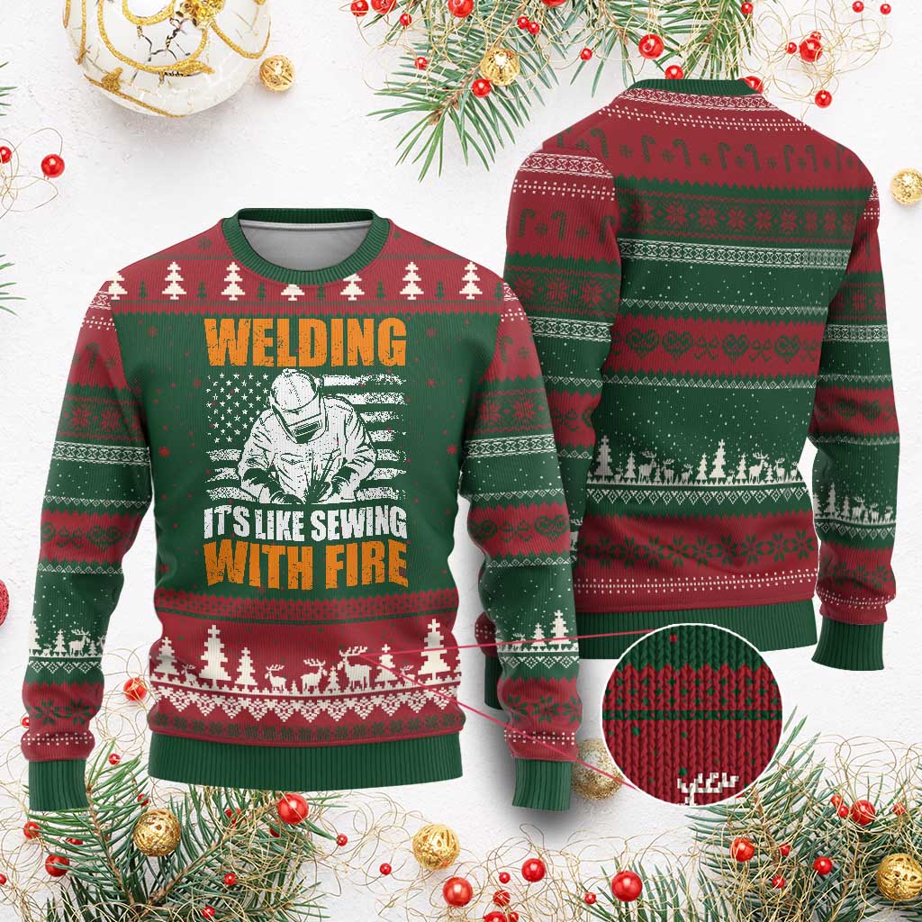 Welder Gifts for Men Ugly Christmas Sweater Welding Its Like Sewing With Fire American Flag