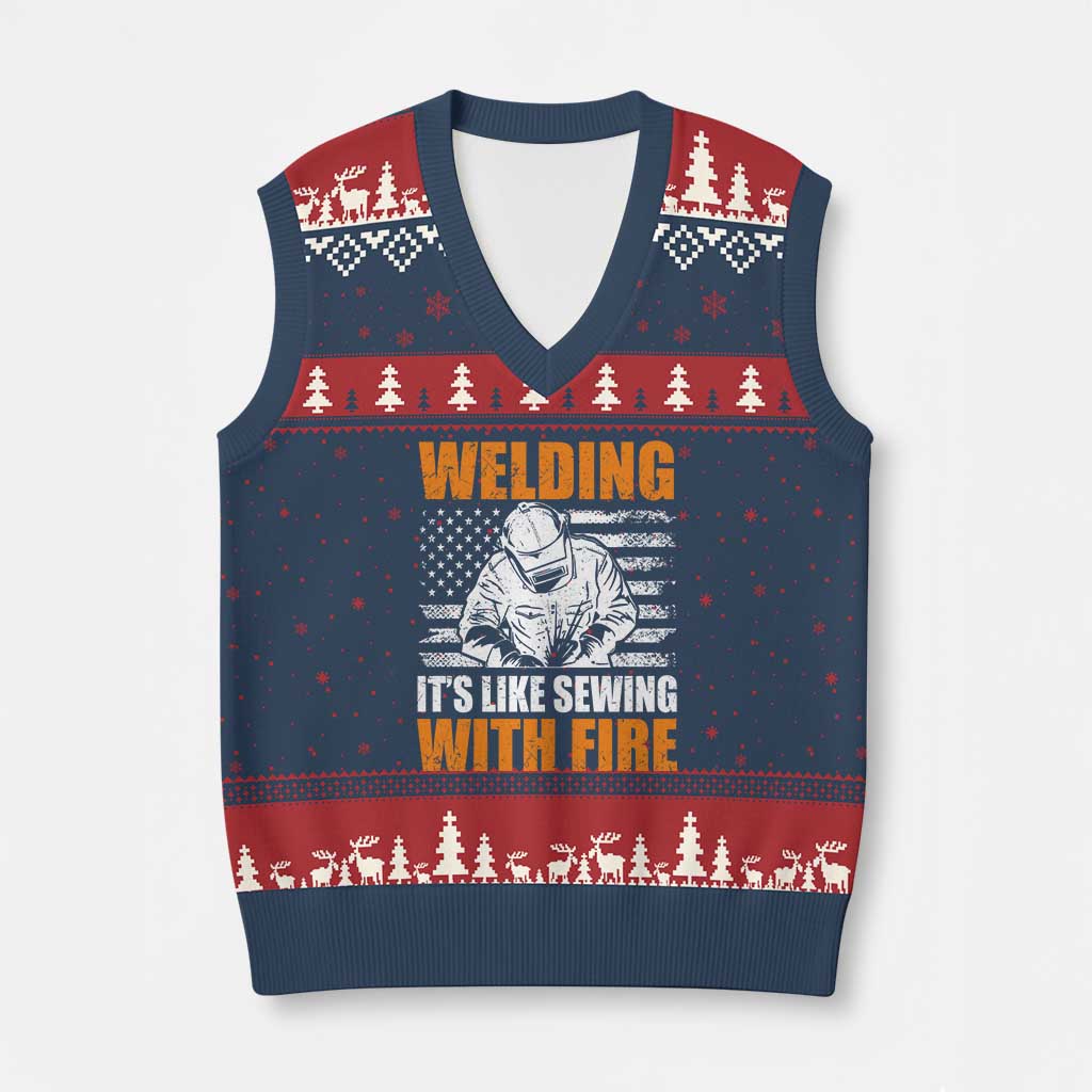 Welder Gifts for Men V-Neck Knit Sweater Vest Welding Its Like Sewing With Fire American Flag
