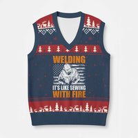 Welder Gifts for Men V-Neck Knit Sweater Vest Welding Its Like Sewing With Fire American Flag