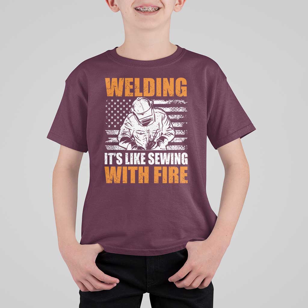 Welder Gifts for Men T Shirt For Kid Welding Its Like Sewing With Fire American Flag