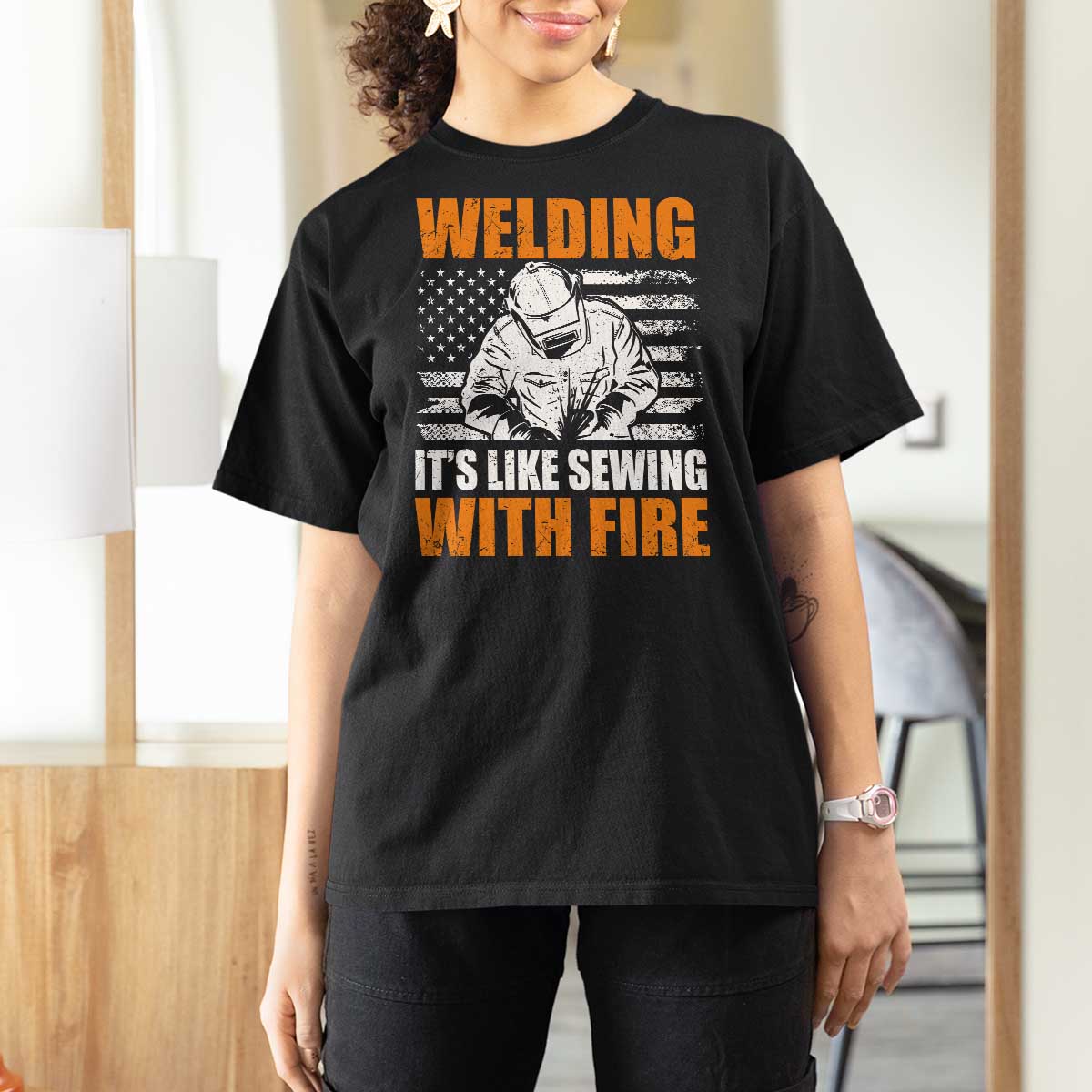 Welder Gifts for Men T Shirt For Women Welding Its Like Sewing With Fire American Flag