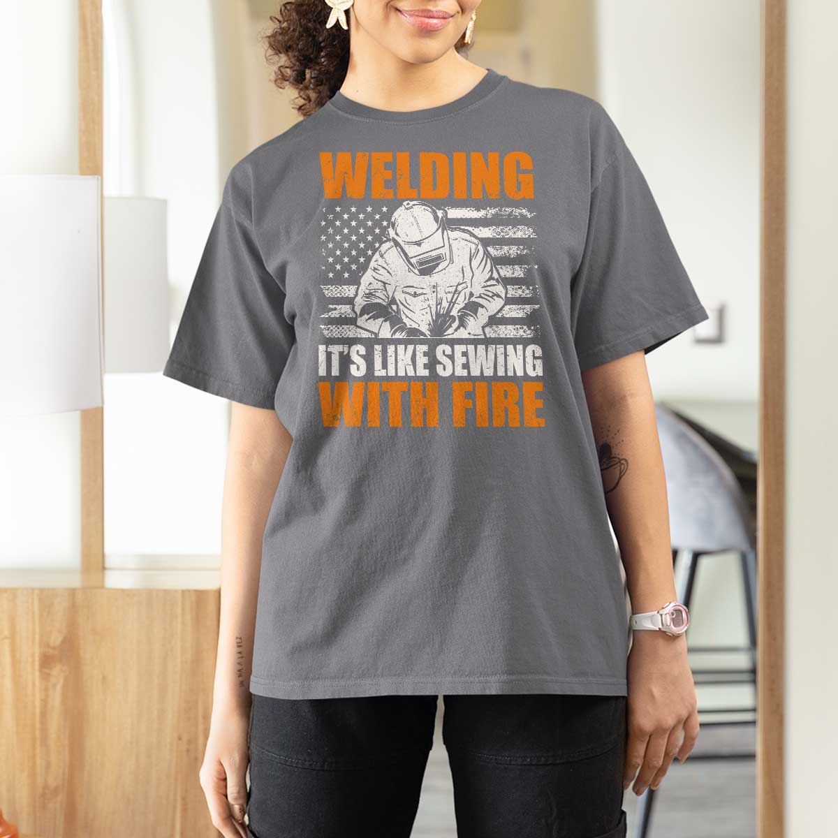 Welder Gifts for Men T Shirt For Women Welding Its Like Sewing With Fire American Flag
