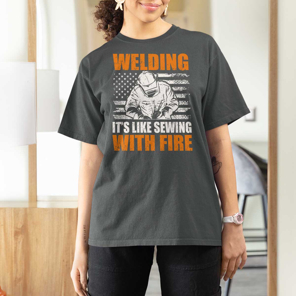 Welder Gifts for Men T Shirt For Women Welding Its Like Sewing With Fire American Flag
