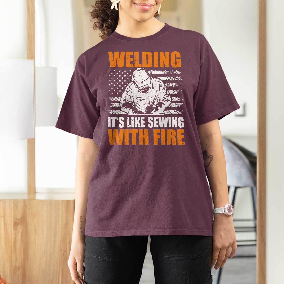 Welder Gifts for Men T Shirt For Women Welding Its Like Sewing With Fire American Flag
