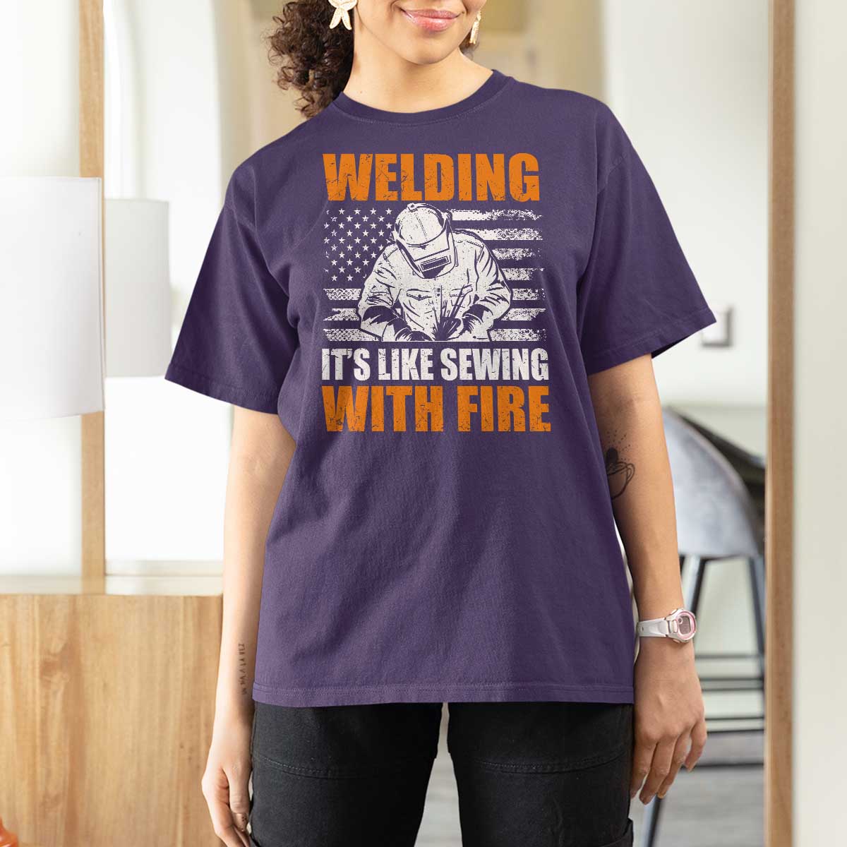 Welder Gifts for Men T Shirt For Women Welding Its Like Sewing With Fire American Flag