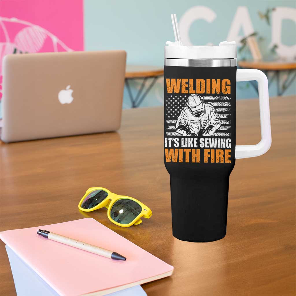 Welder Gifts for Men Tumbler With Handle Welding Its Like Sewing With Fire American Flag