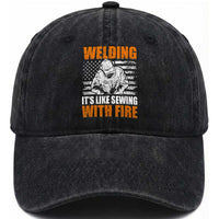 Welder Gifts for Men Washed Cotton Baseball Cap Welding Its Like Sewing With Fire American Flag