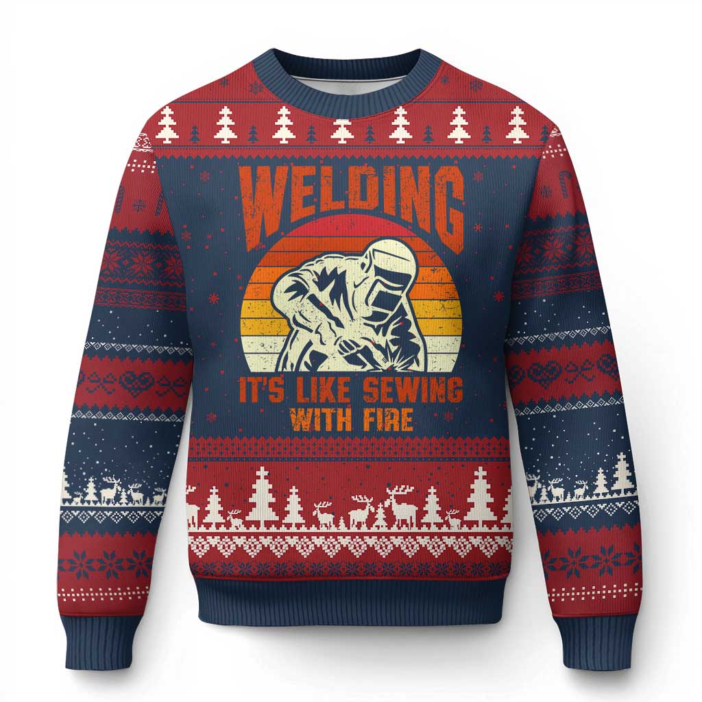 Funny Welder Ugly Christmas Sweater Welding It's Like Sewing With Fire Retro Graphic