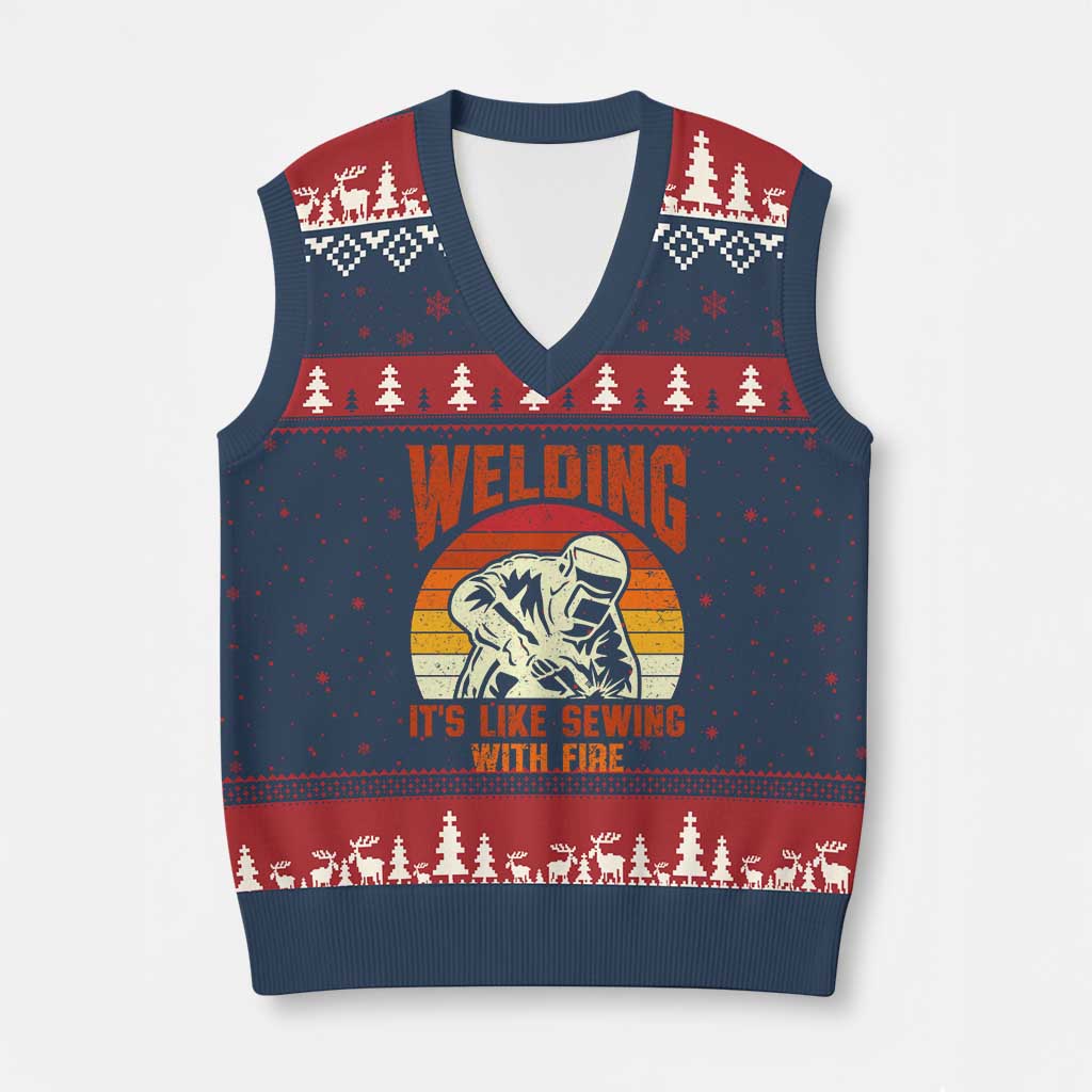 Funny Welder V-Neck Knit Sweater Vest Welding It's Like Sewing With Fire Retro Graphic