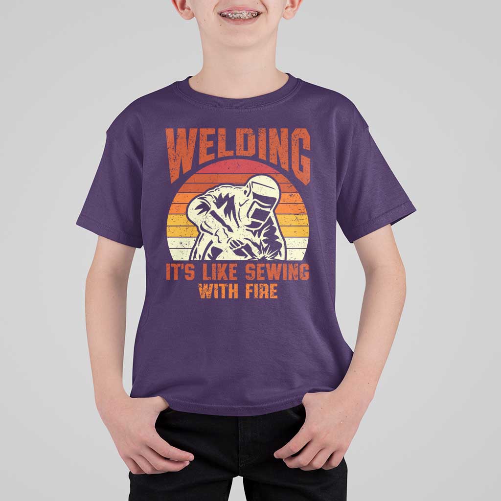 Funny Welder T Shirt For Kid Welding It's Like Sewing With Fire Retro Graphic