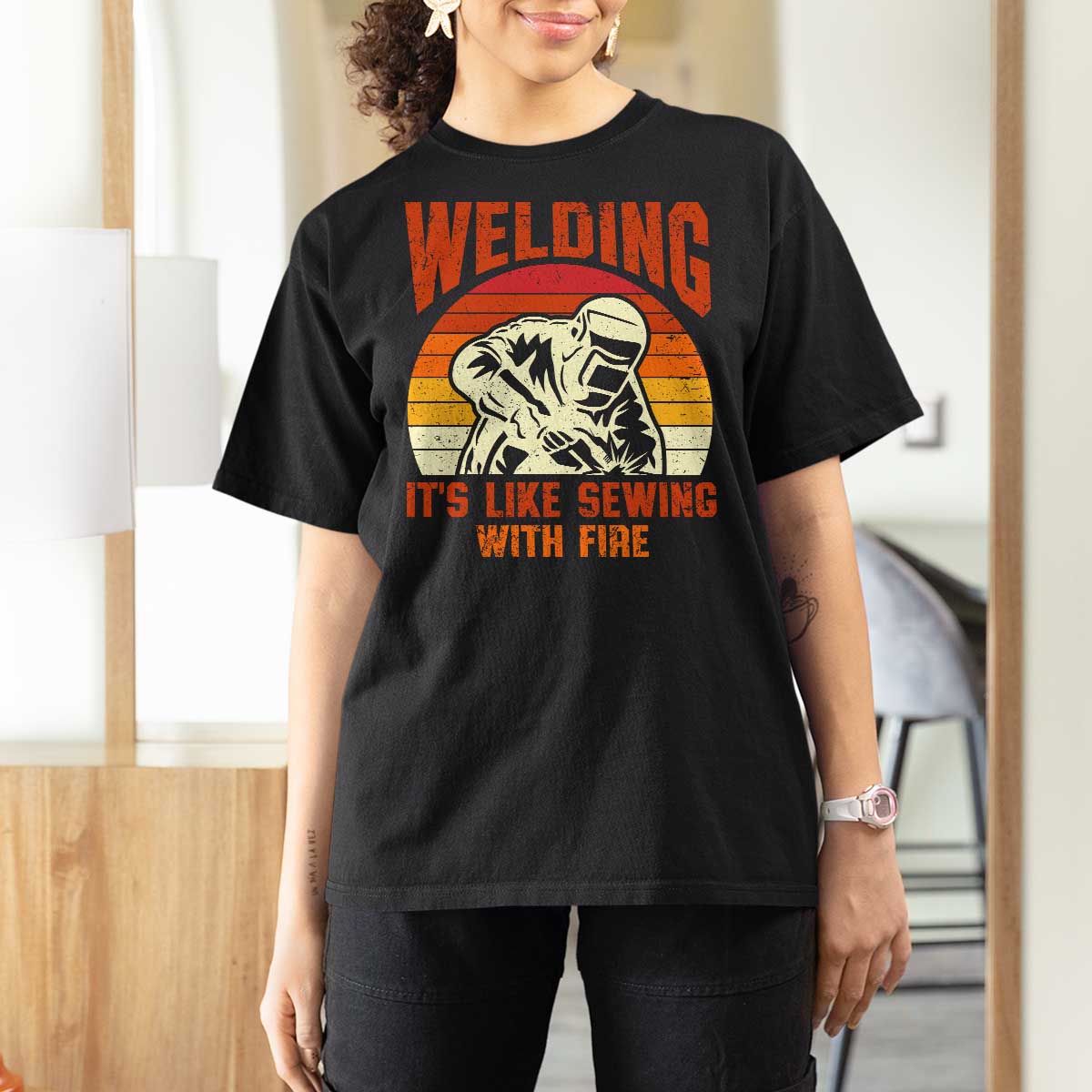 Funny Welder T Shirt For Women Welding It's Like Sewing With Fire Retro Graphic