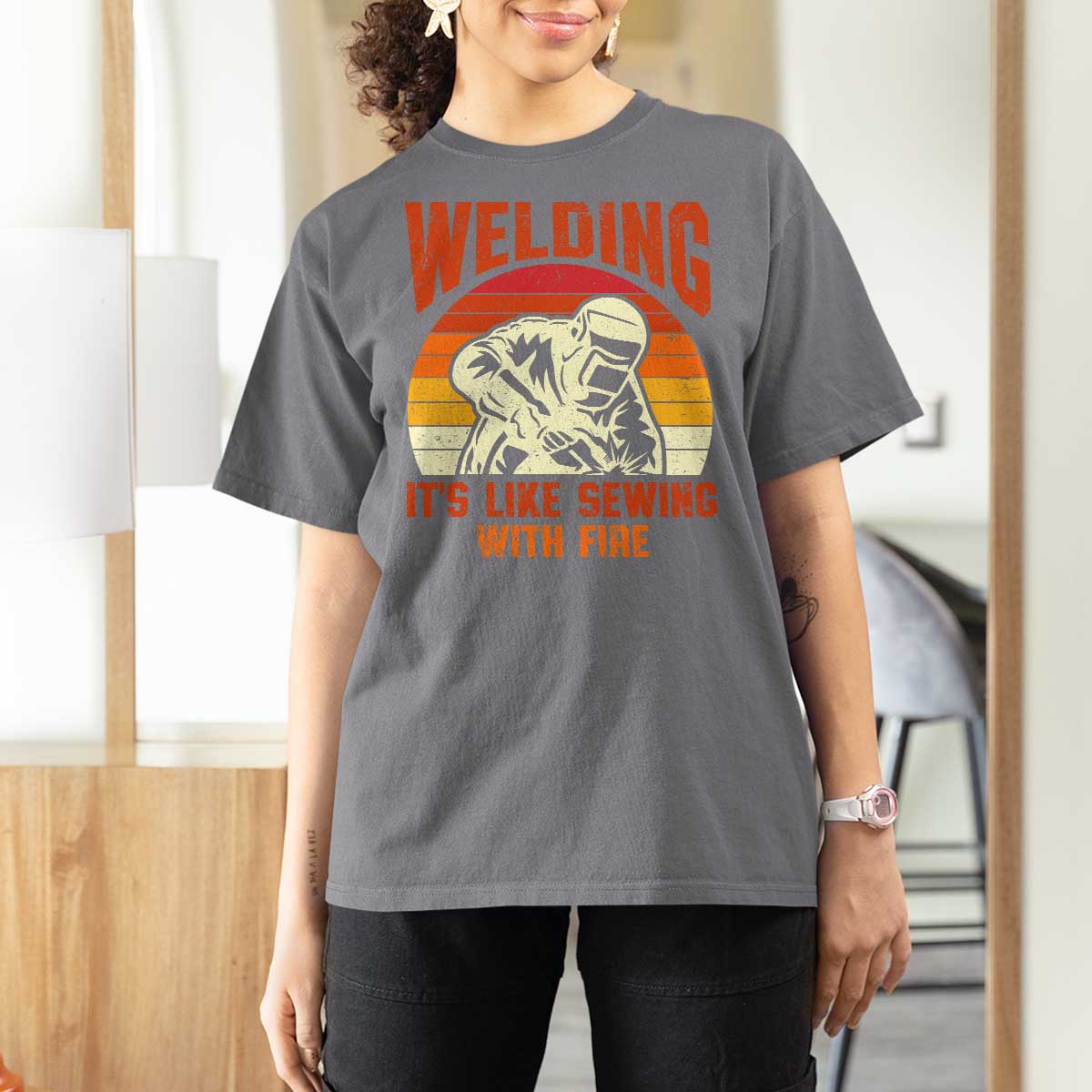 Funny Welder T Shirt For Women Welding It's Like Sewing With Fire Retro Graphic