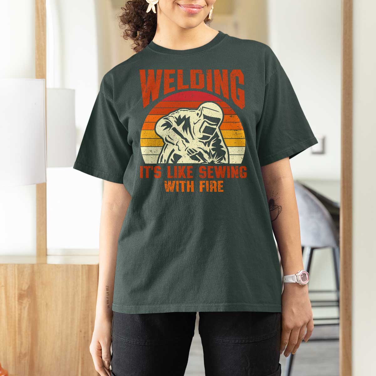 Funny Welder T Shirt For Women Welding It's Like Sewing With Fire Retro Graphic