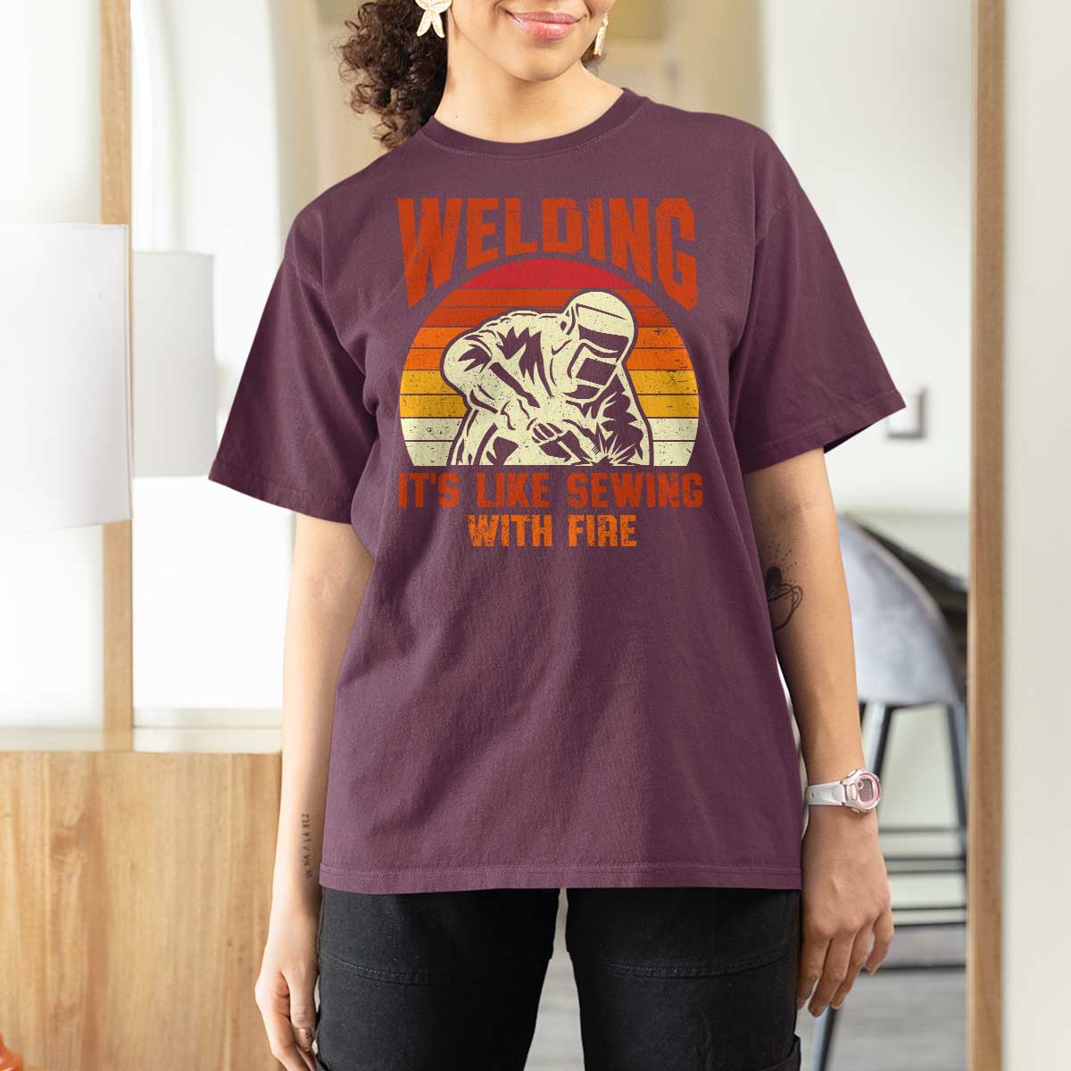 Funny Welder T Shirt For Women Welding It's Like Sewing With Fire Retro Graphic