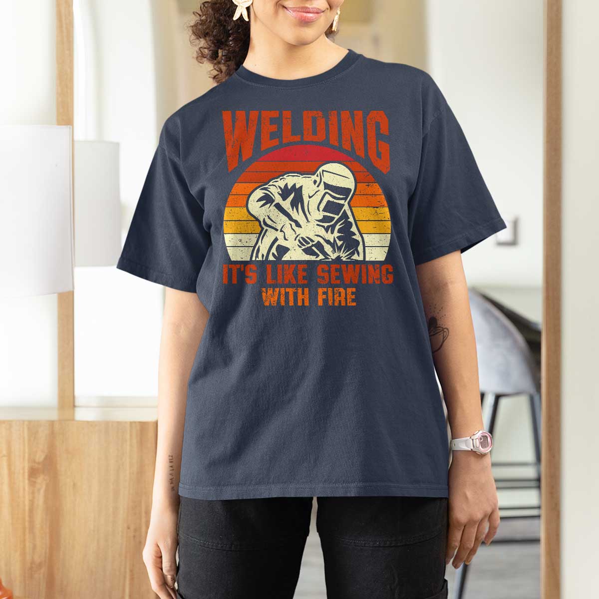 Funny Welder T Shirt For Women Welding It's Like Sewing With Fire Retro Graphic