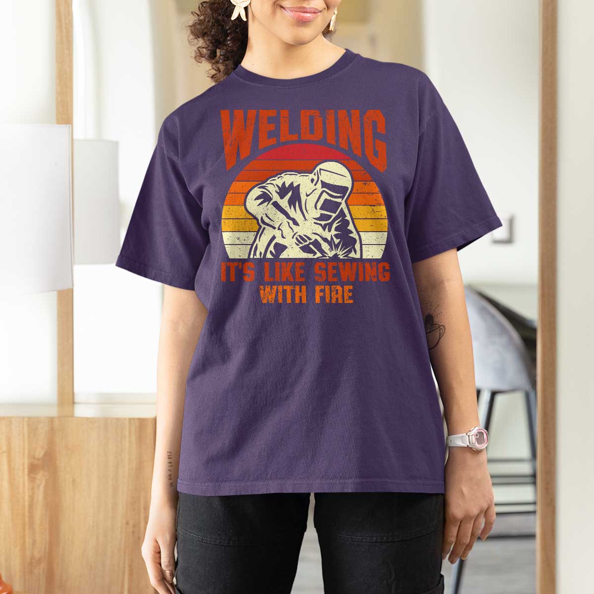 Funny Welder T Shirt For Women Welding It's Like Sewing With Fire Retro Graphic