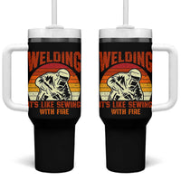 Funny Welder Tumbler With Handle Welding It's Like Sewing With Fire Retro Graphic