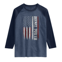 Vintage Distressed Mechanic Trucker Graphic Raglan Shirt Diesel Power USA Flag