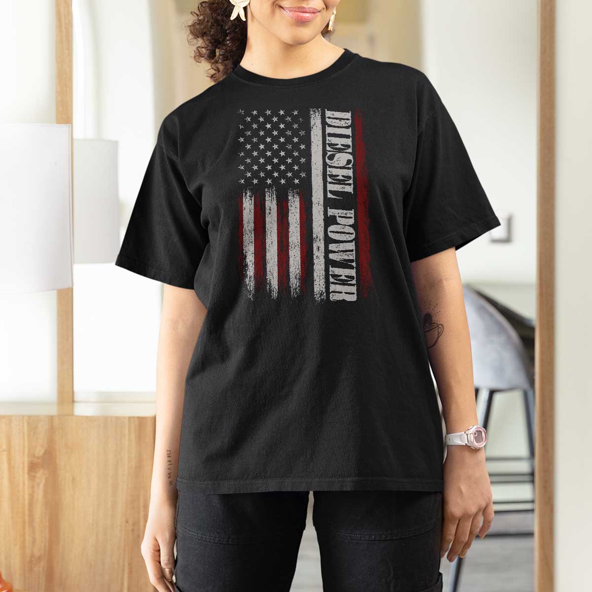 Vintage Distressed Mechanic Trucker Graphic T Shirt For Women Diesel Power USA Flag