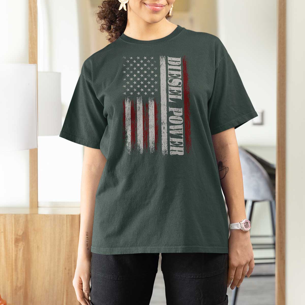 Vintage Distressed Mechanic Trucker Graphic T Shirt For Women Diesel Power USA Flag
