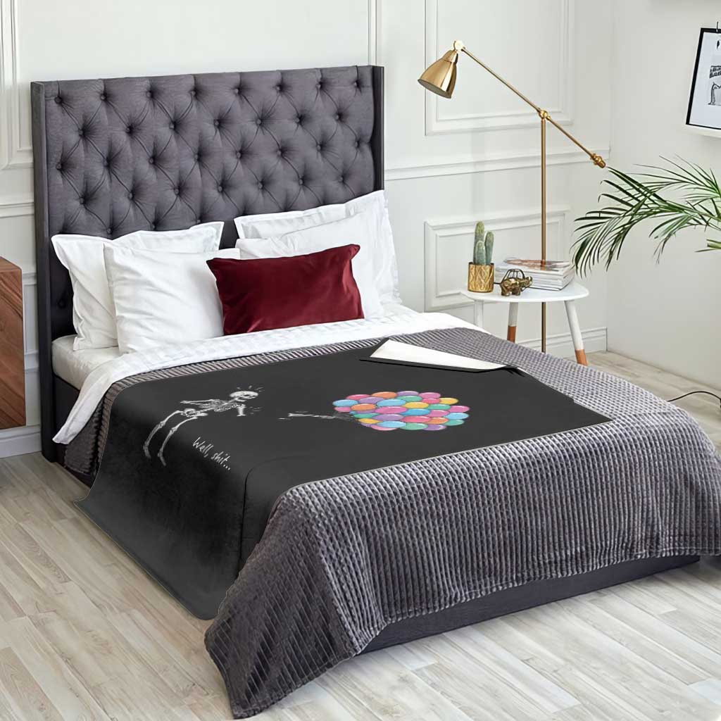 Well Shit Skeleton Detached Arm Throw Blanket Gothic Halloween Flying Balloons Graphic